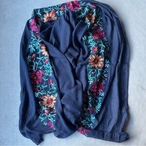 Shawl Scarf with Embroidered Flowers ~ Approx 36 x 70 ~ Dark Blue ~ Brand New